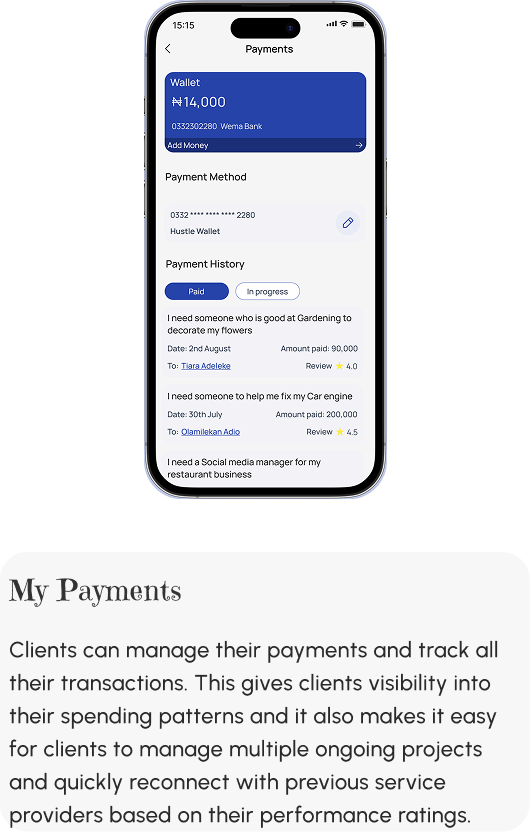 Payments screen showing wallet balance, payment method and full transaction history, with design description
